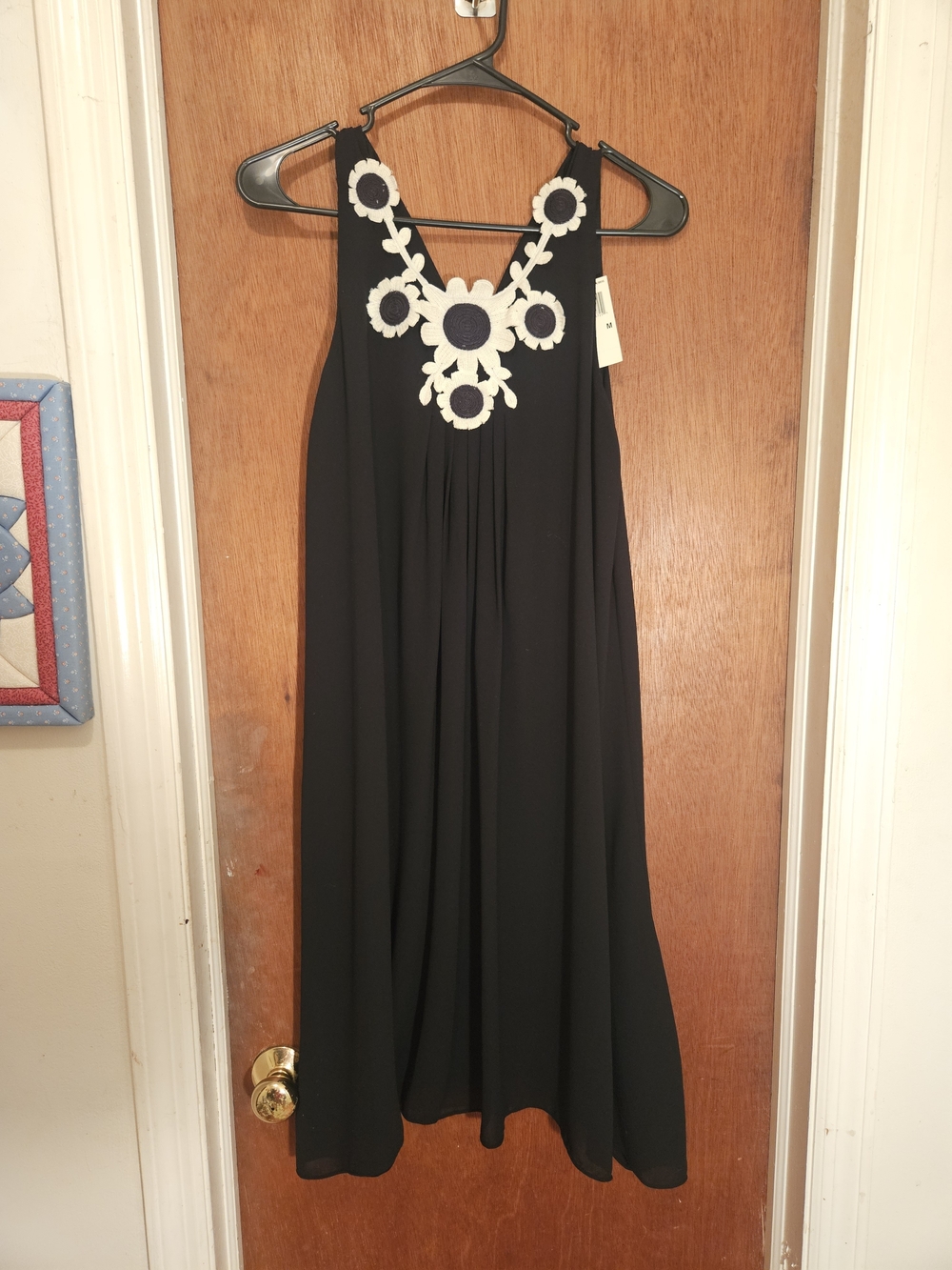 Max Studio Black Midi Dress with Cream Floral Neckline